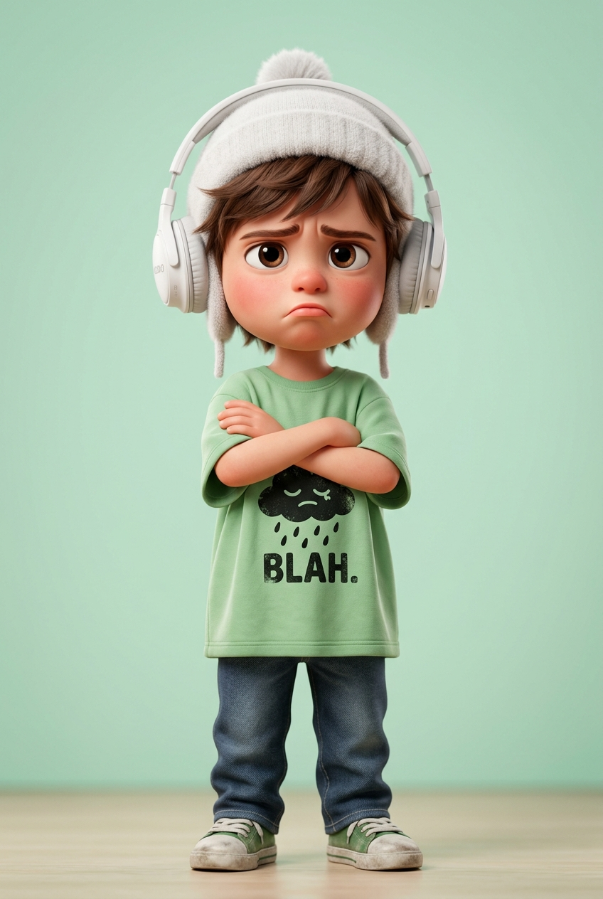 Pouting Boy with Headphones in Soft 3D