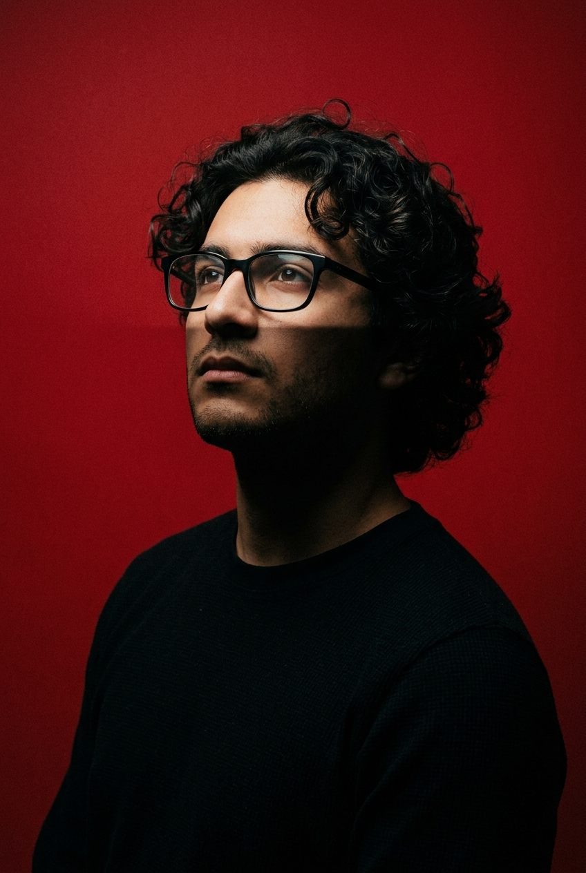 Young Man in Black Glasses Against a Red Shadow