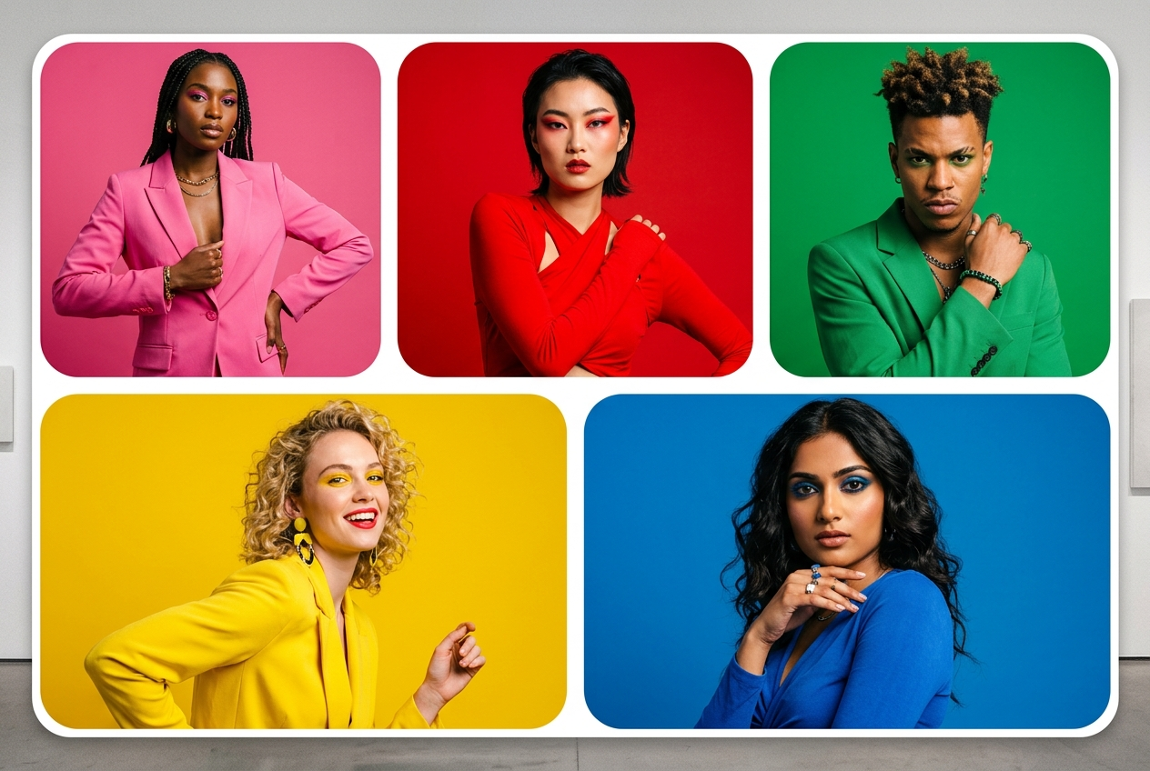 Portraits de mode colorés en cinq panneaux