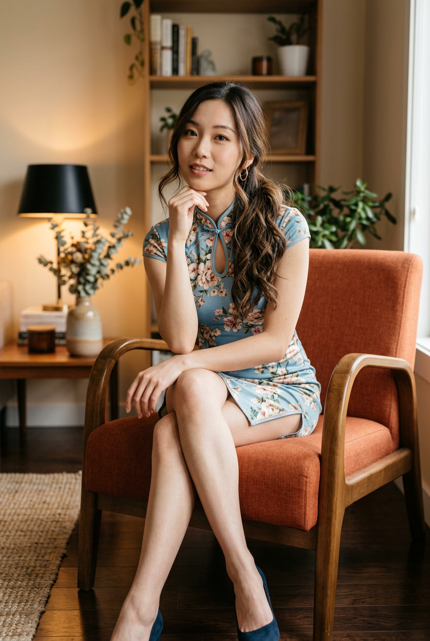 Femme en qipao fleuri dans un fauteuil