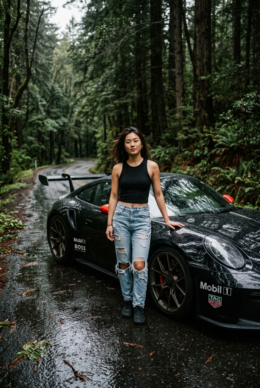 Woman Beside a Racing Porsche on a Rainy Forest Road