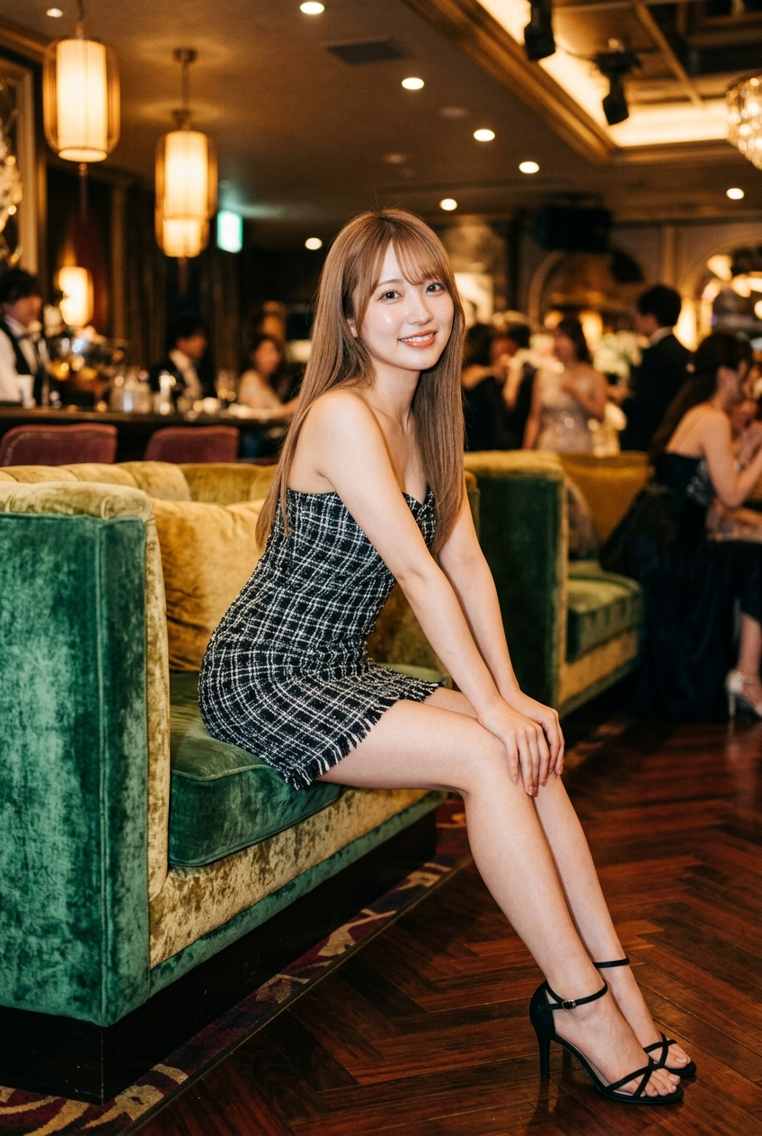 Japanese Beauty in a Tweed Dress at a Luxury Cabaret