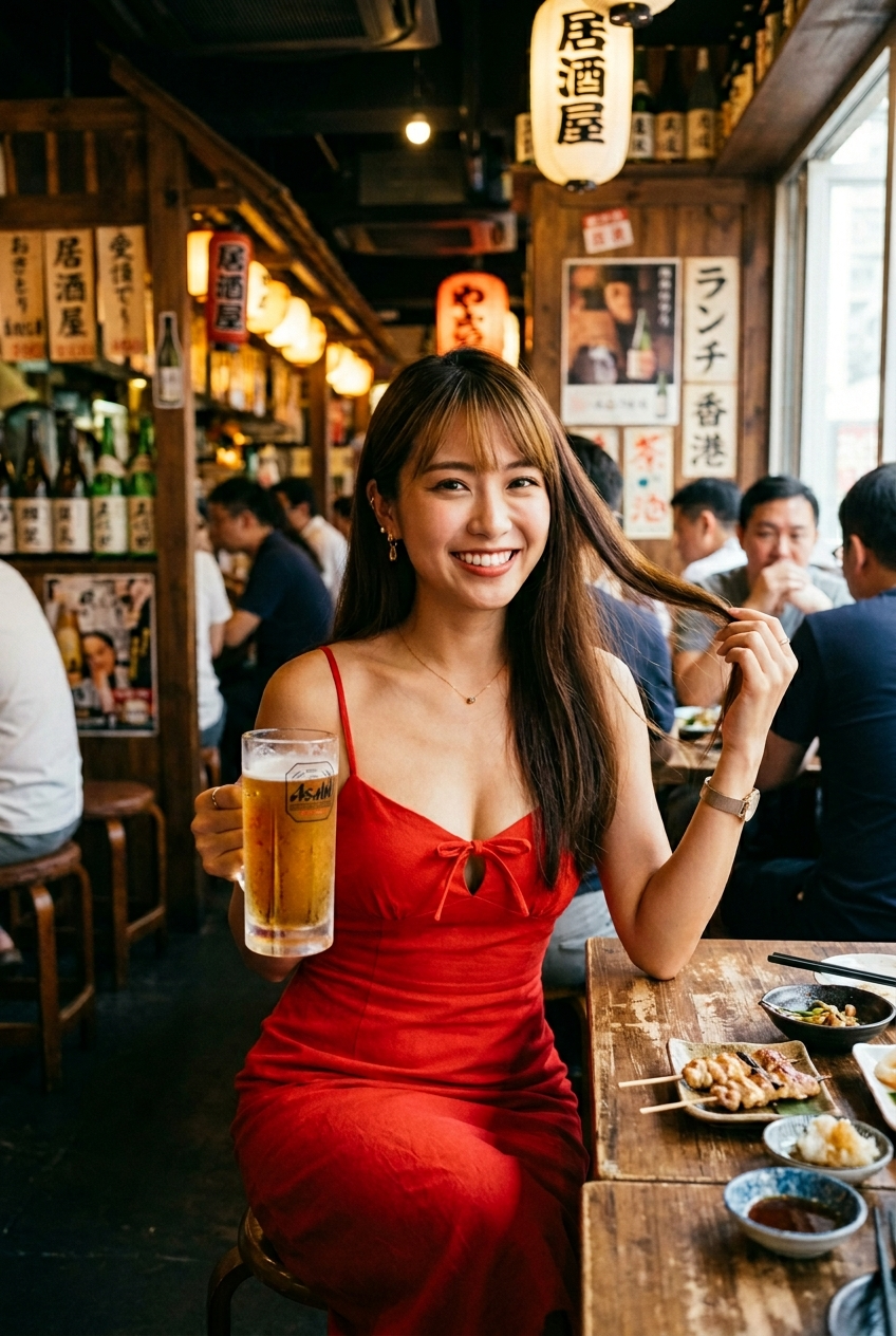 Smiling Woman in Red at an Izakaya Lunch