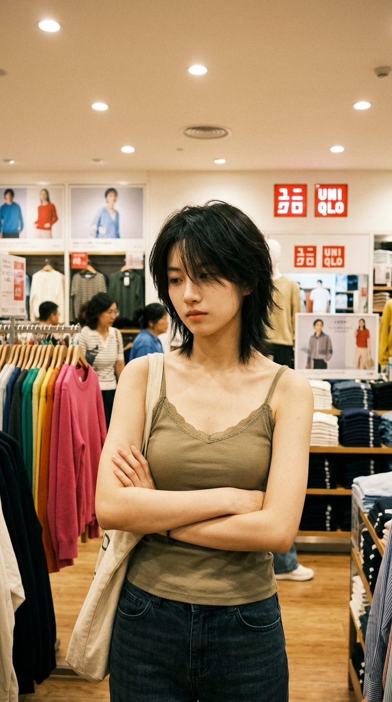 Short-Haired Tomboy in a Uniqlo Store Snapshot