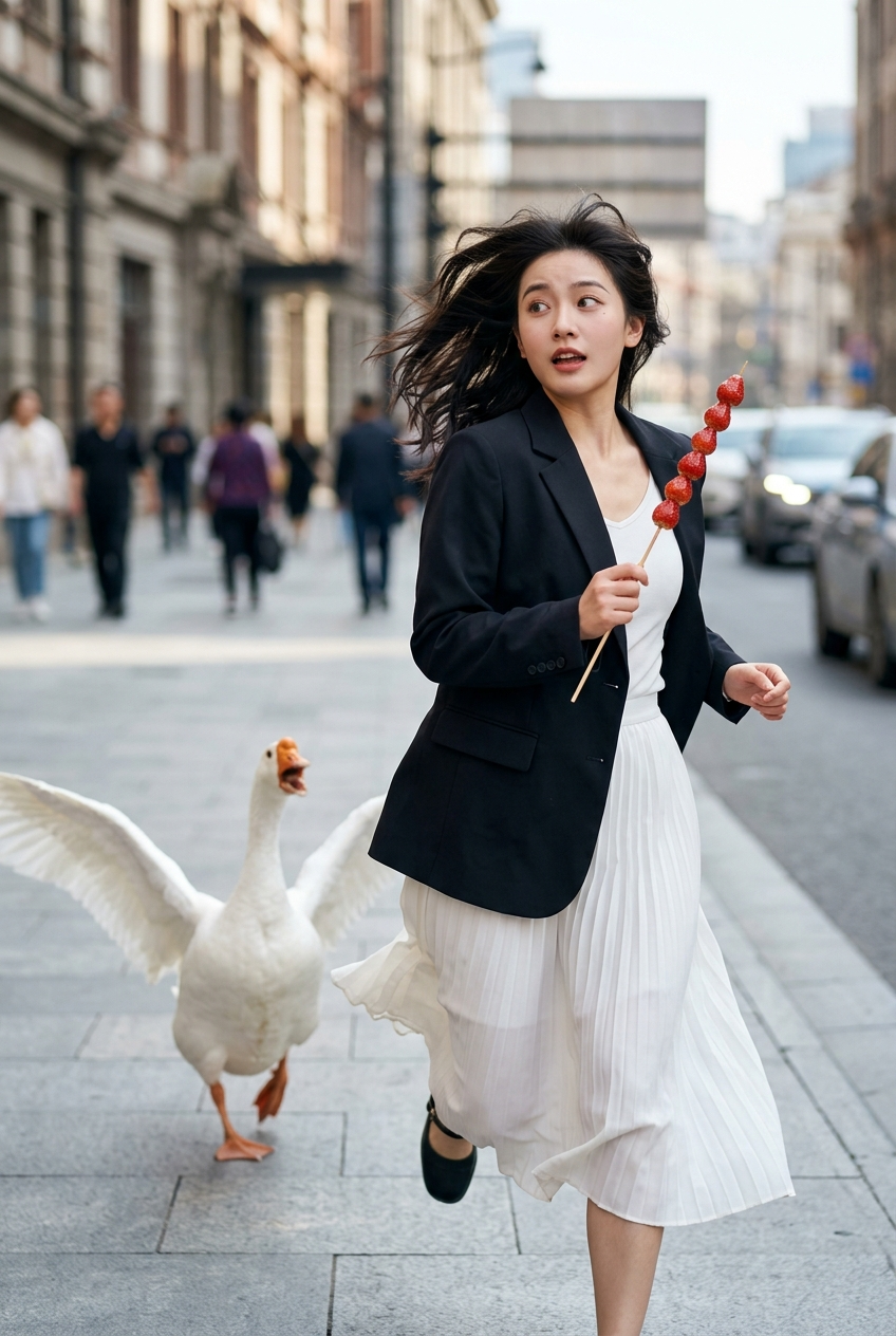 Frau mit Tanghulu wird von einer Gans gejagt