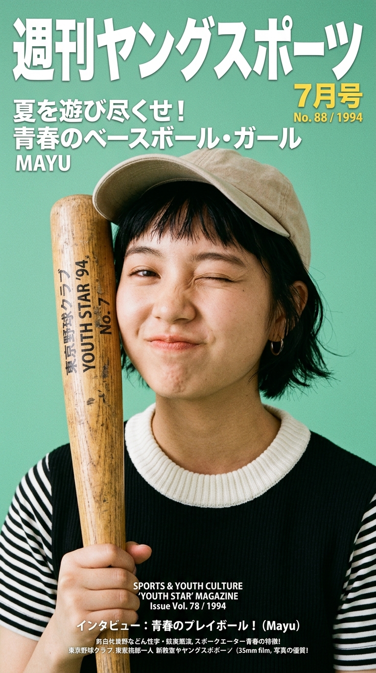 Chica de béisbol guiñando en una portada japonesa de los 90