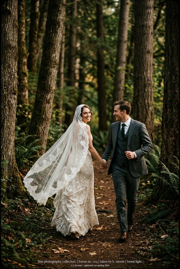 Newlyweds Running Hand in Hand Through the Forest