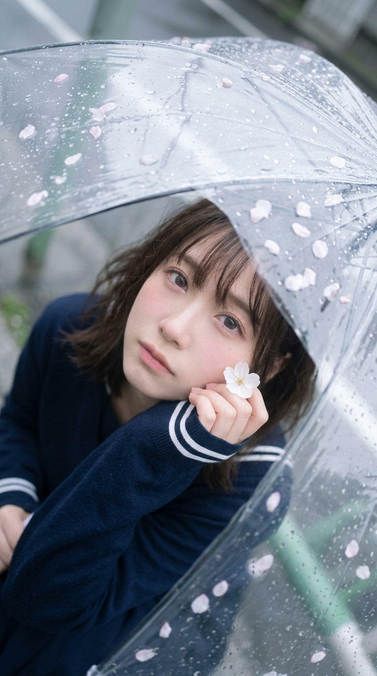 Dreamy Rain Portrait Beneath a Clear Umbrella