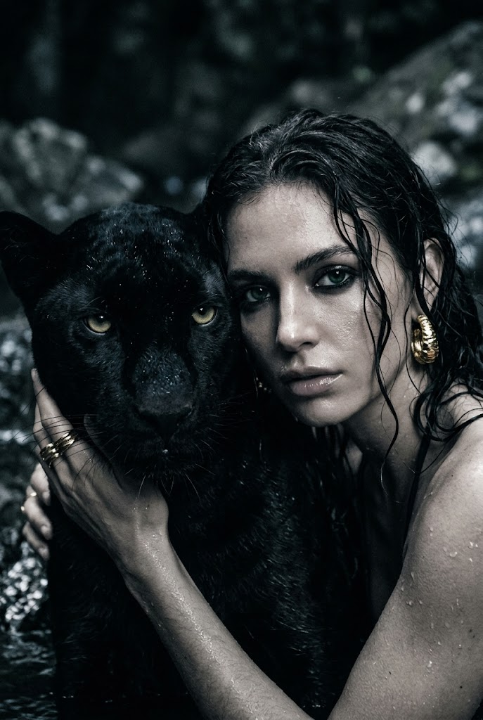 Frau umarmt einen schwarzen Panther im Regen