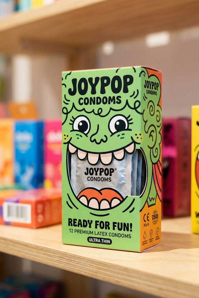Envase juguetón de preservativos con boca de personaje