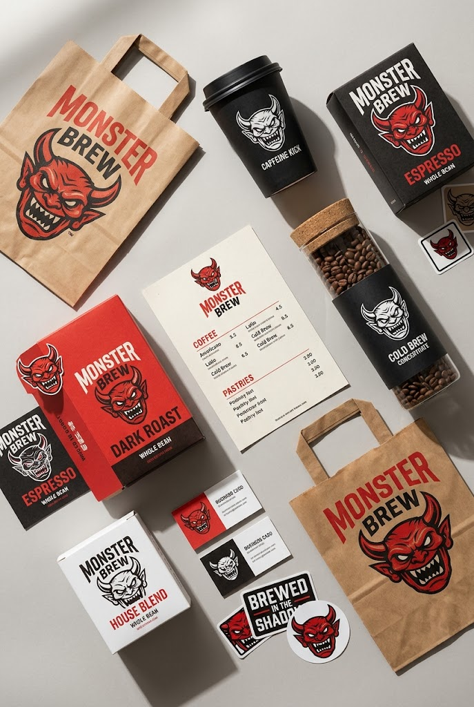 Flatlay einer Kaffeemarke mit Monsterlogo