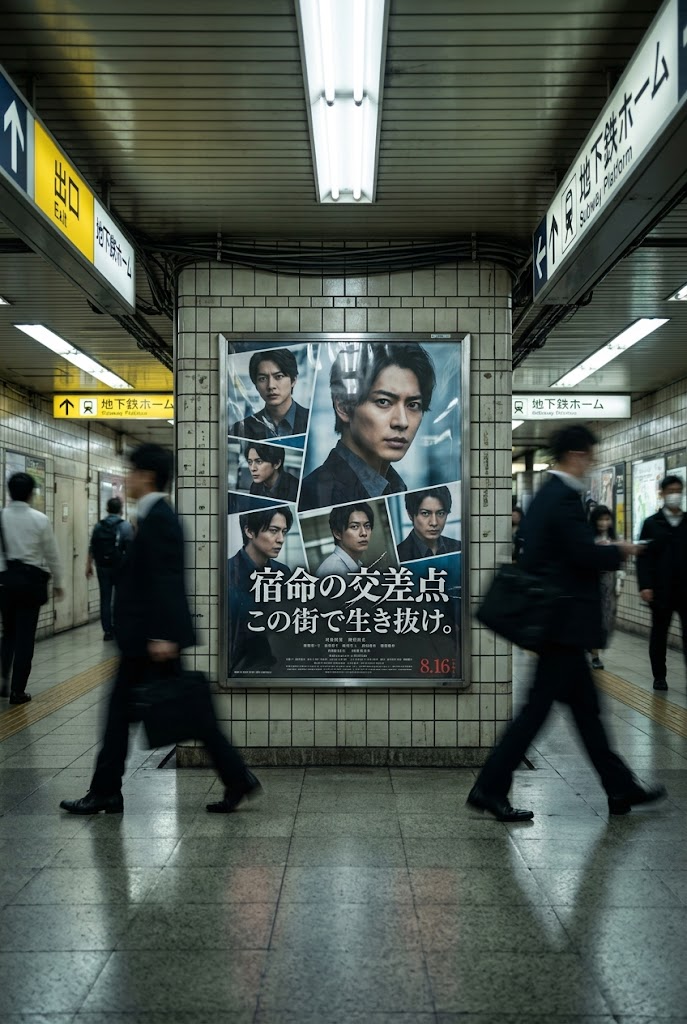 Japanese Movie Poster in a Rushing Subway Passage