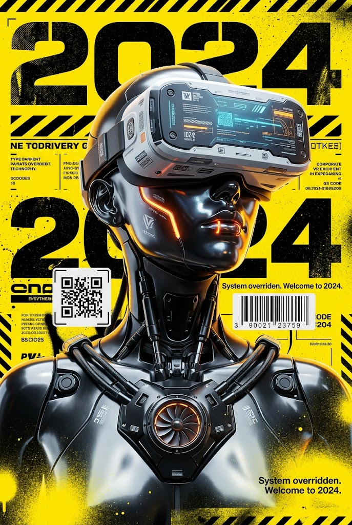 VR-Android auf einem gelben Cyberpunk-Poster