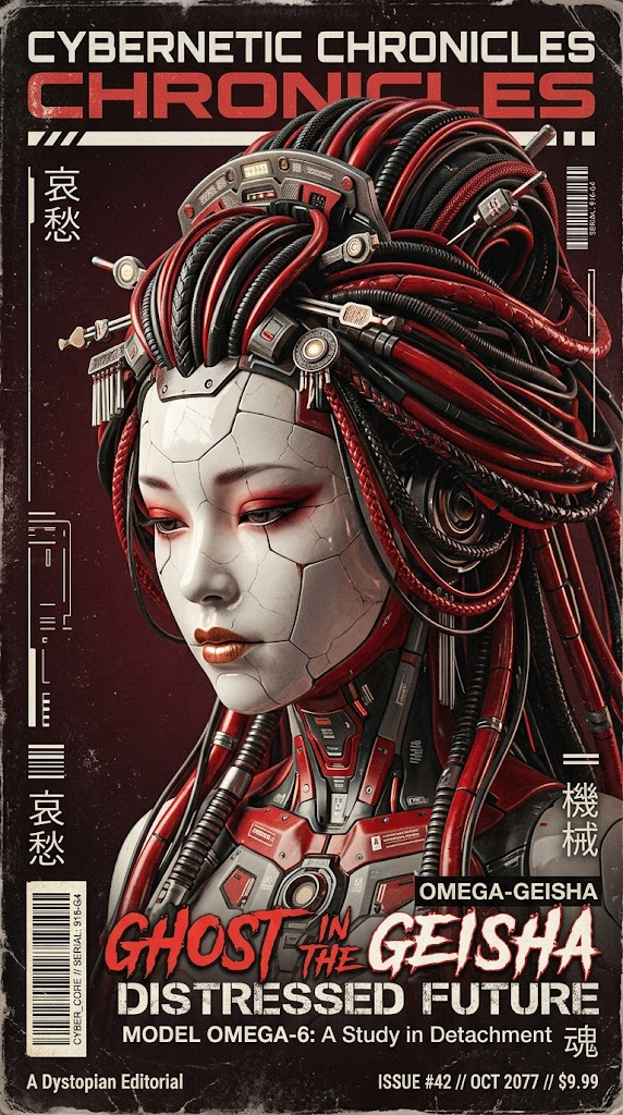 Cyber-Geisha Android on a Distressed Magazine Cover