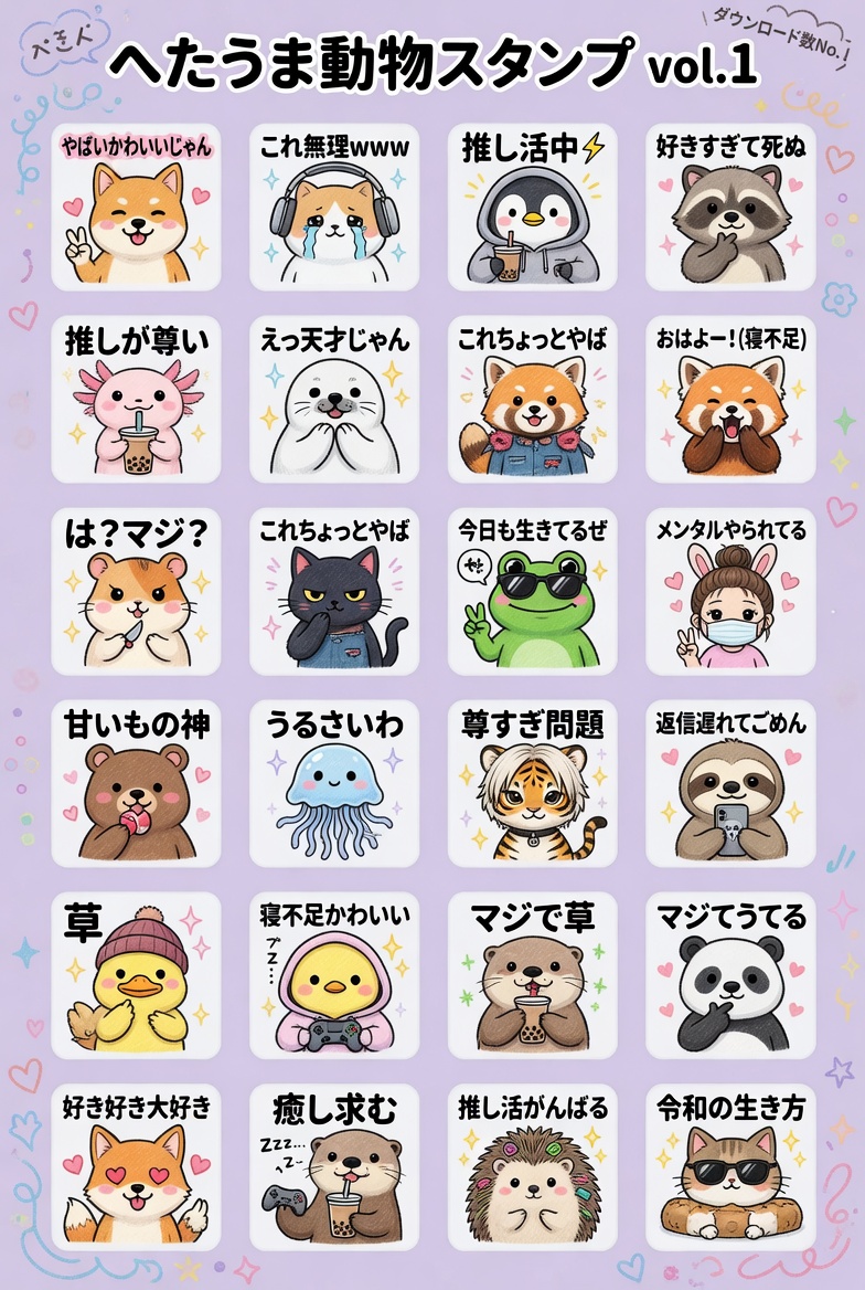Vierundzwanzig charmant-ungelenke handgezeichnete Tier-LINE-Sticker