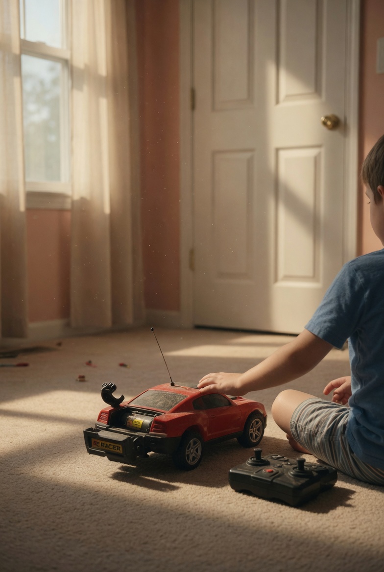 Das Kind, das neben einem stillen Spielzeugauto wartet