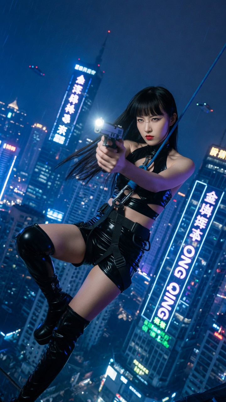Cyberpunk Gunwoman Above Neon Chongqing
