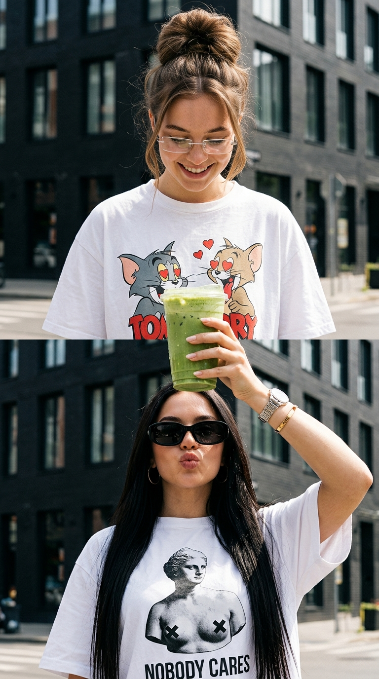 Two Girls United by a Matcha Smoothie Diptych