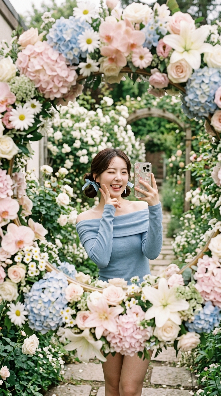 꽃 거울 속 장난스러운 셀피