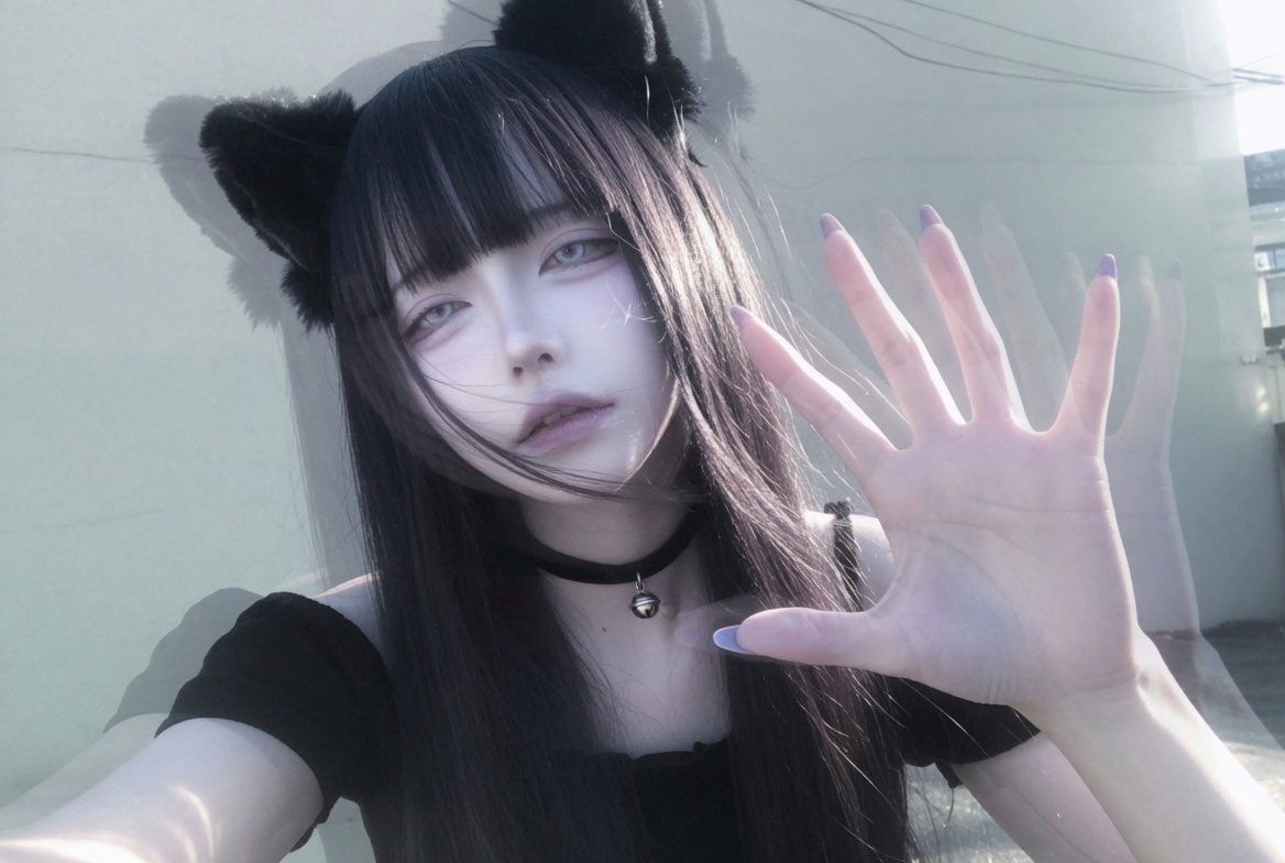 Icy Catgirl Selfie in Grainy Japanese Style