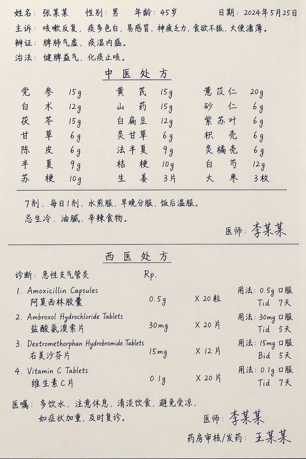手書きの中西医処方箋