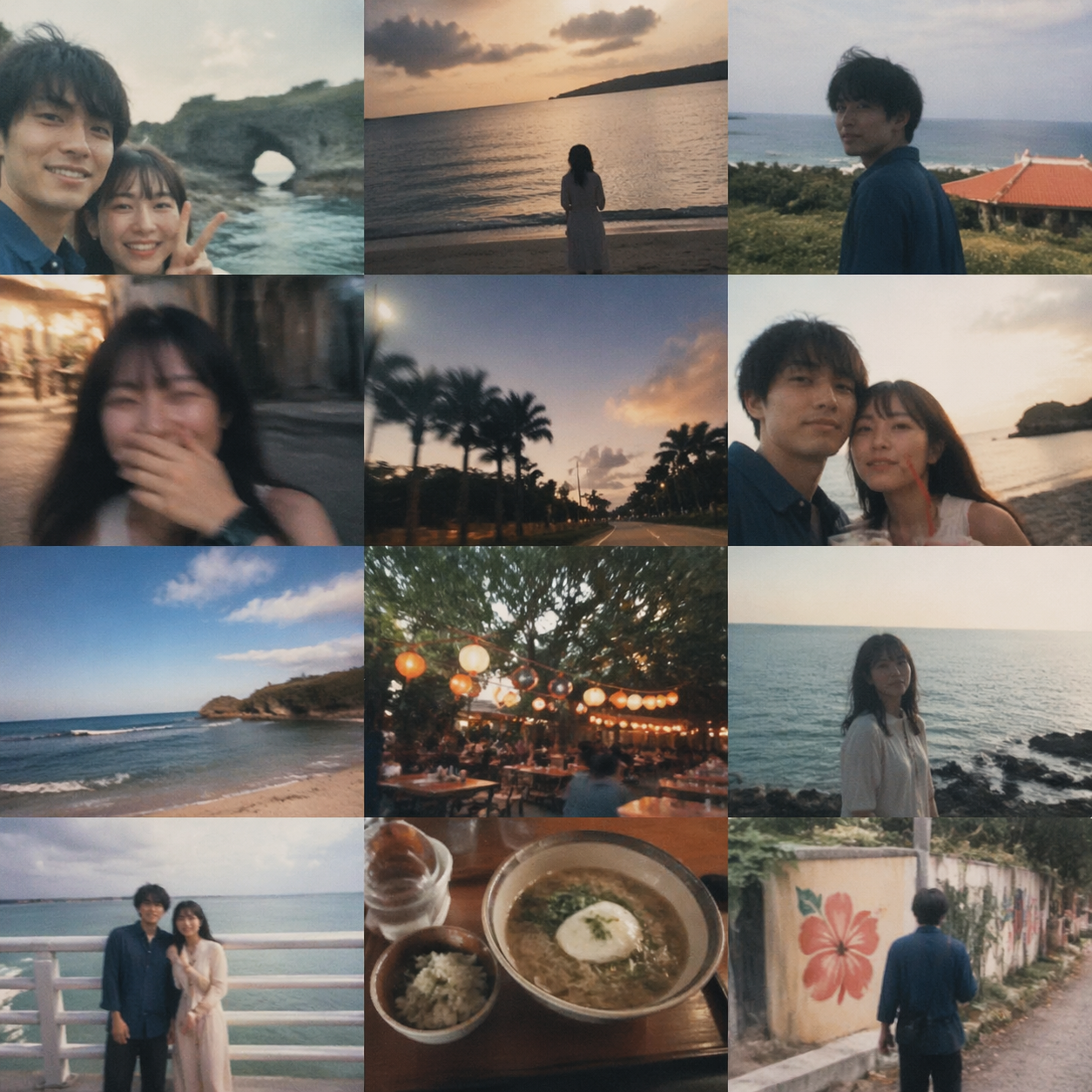 Collage nostalgique du voyage à Okinawa d’un jeune couple japonais