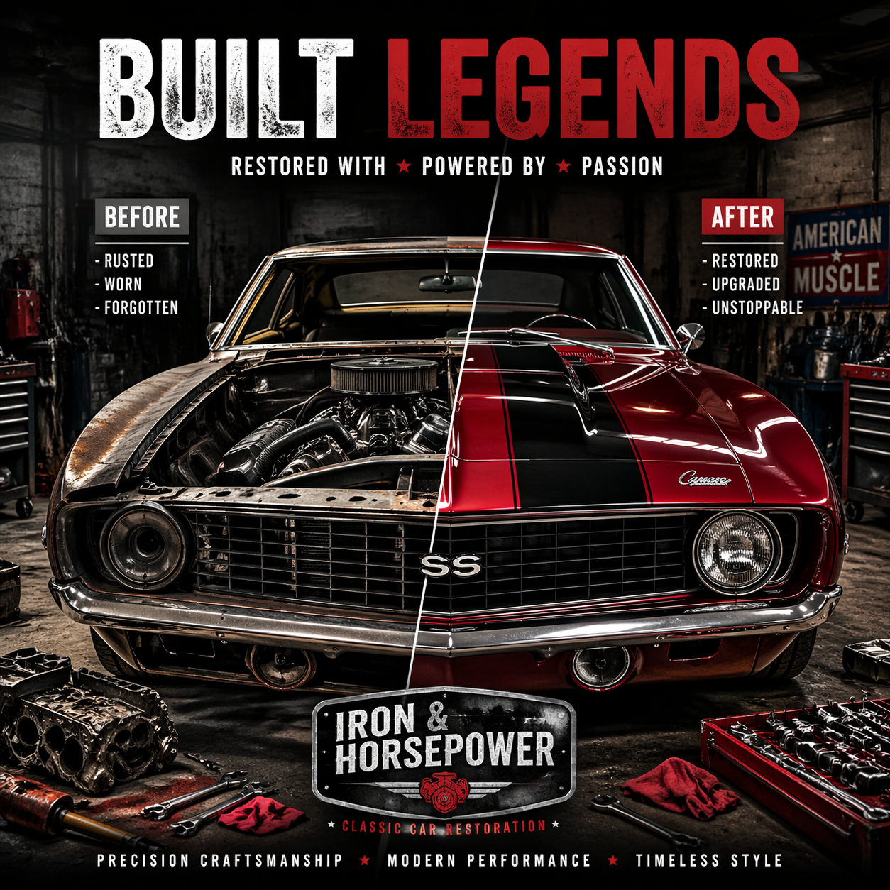 Classic Muscle Car Before-and-After Restoration Poster