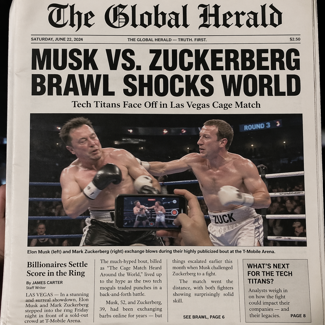 Zeitungstitelblatt mit Musk und Zuckerberg im Boxring