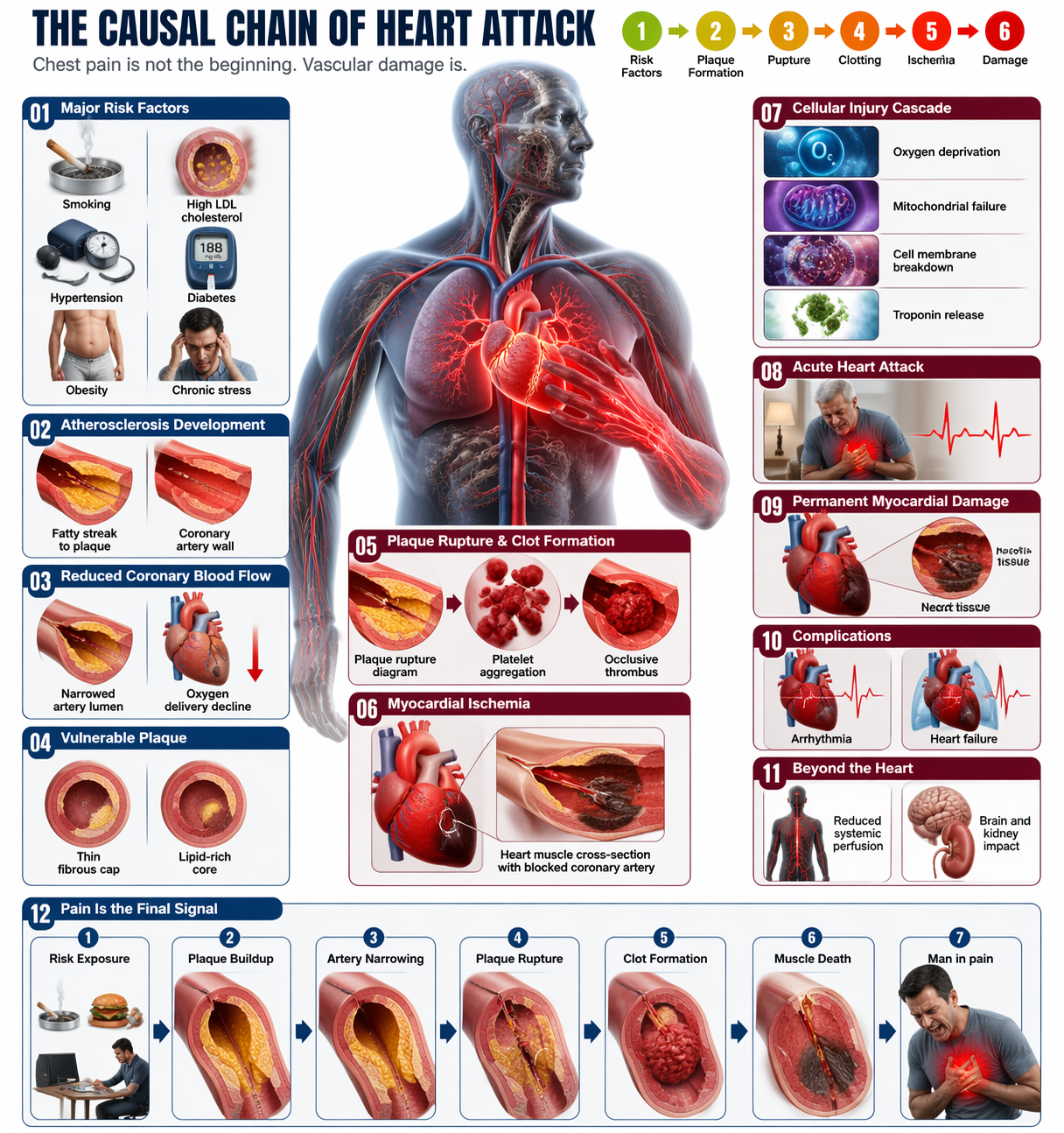 Infografía médica de la cadena causal del infarto