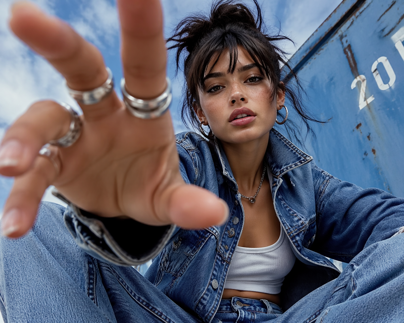 Denim Fashion Portrait Reaching Toward the Camera