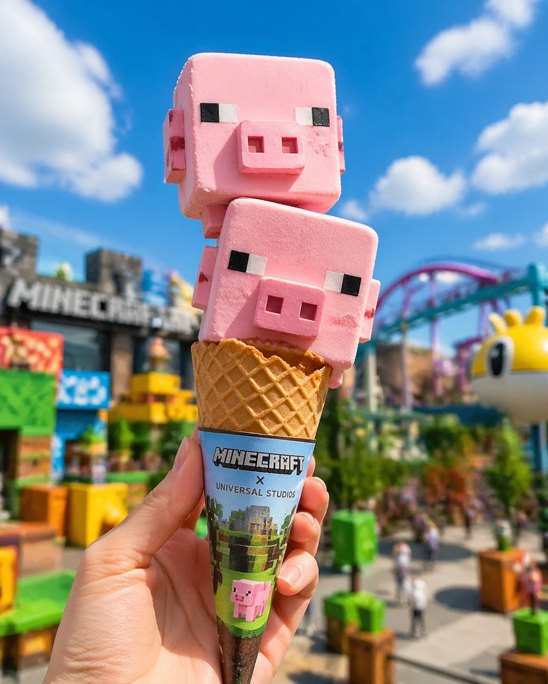 Glace à la fraise en forme de cochon pixelisé au parc d’attractions