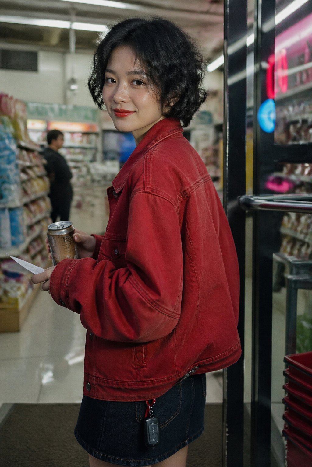 Frau im Neon-Supermarkt auf 35-mm-Film