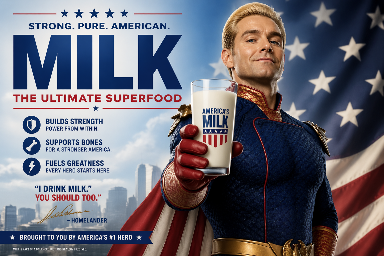 Homelander wirbt auf einem Poster für Milch