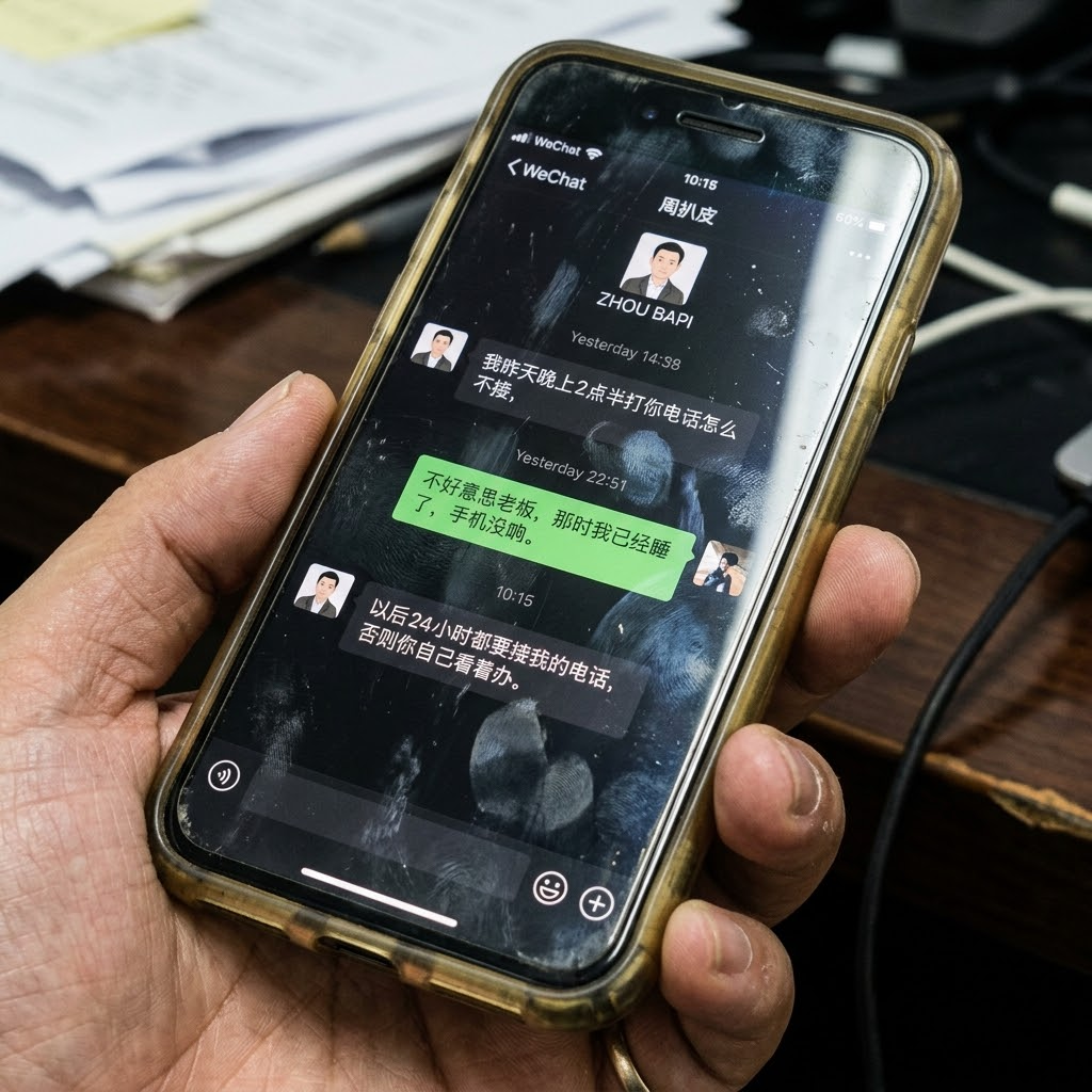 Chat de WeChat con un jefe exigente en un teléfono gastado