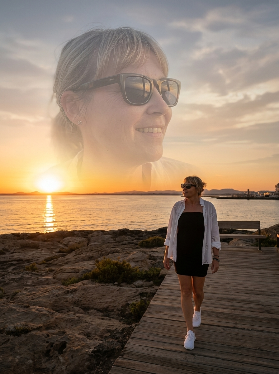 Woman by the Sea in a Sunset Double Exposure