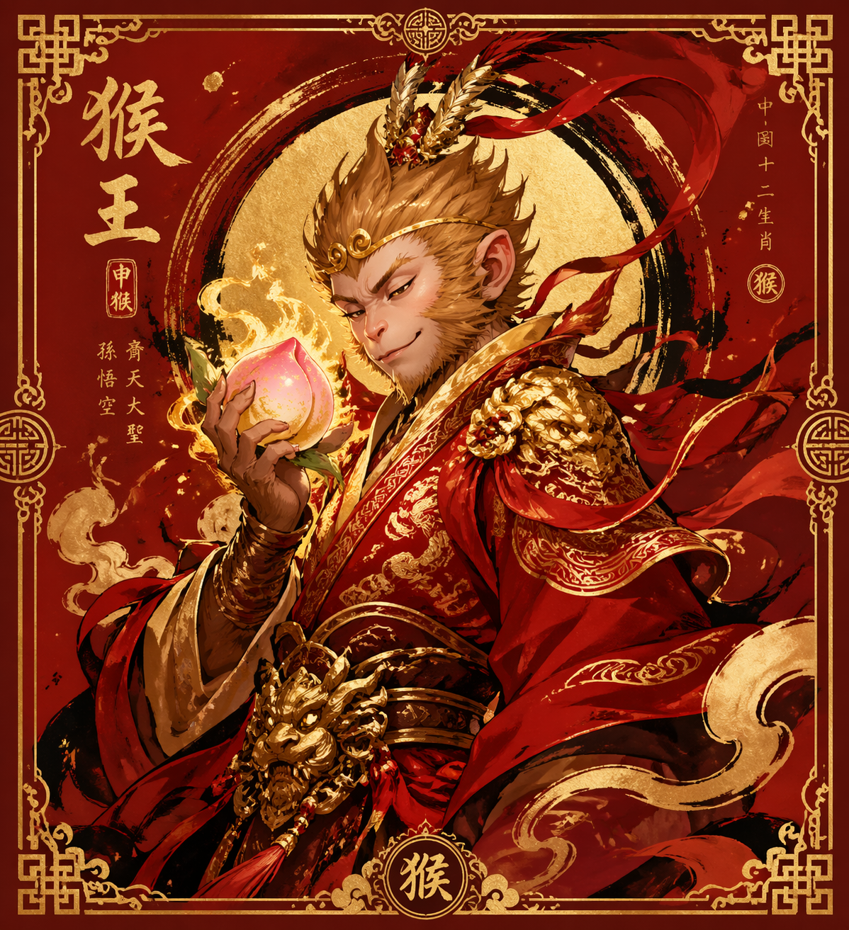 Monkey King with a Magical Peach Zodiac Illustration