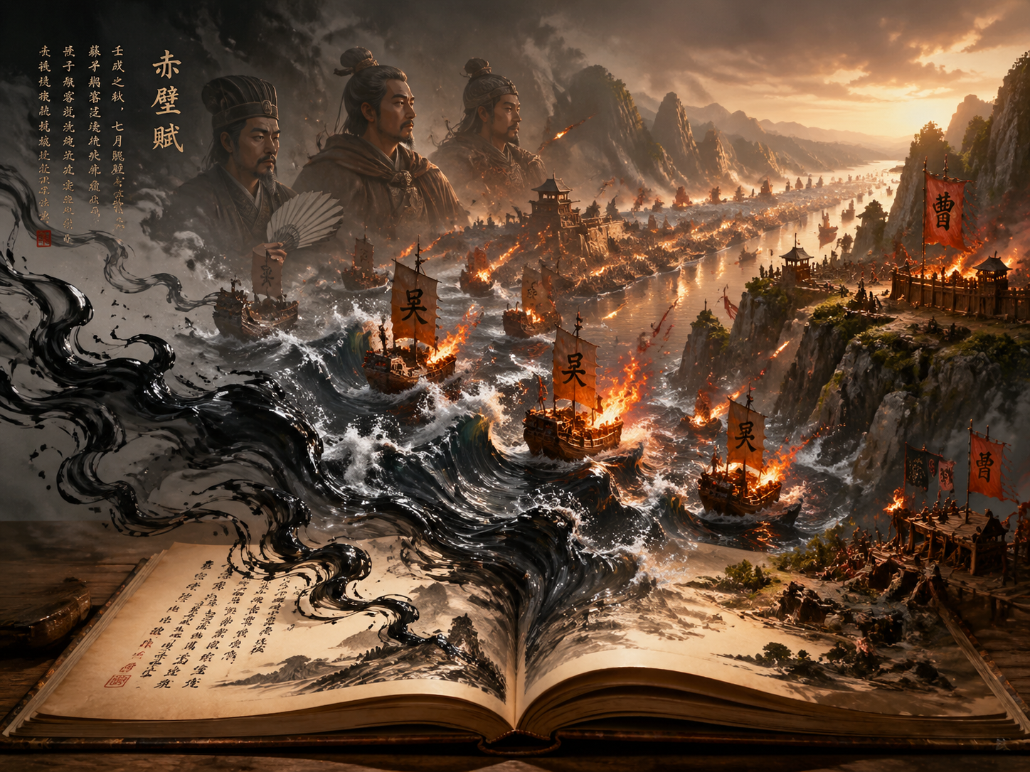 Red Cliffs Battle Rising from an Ink Book