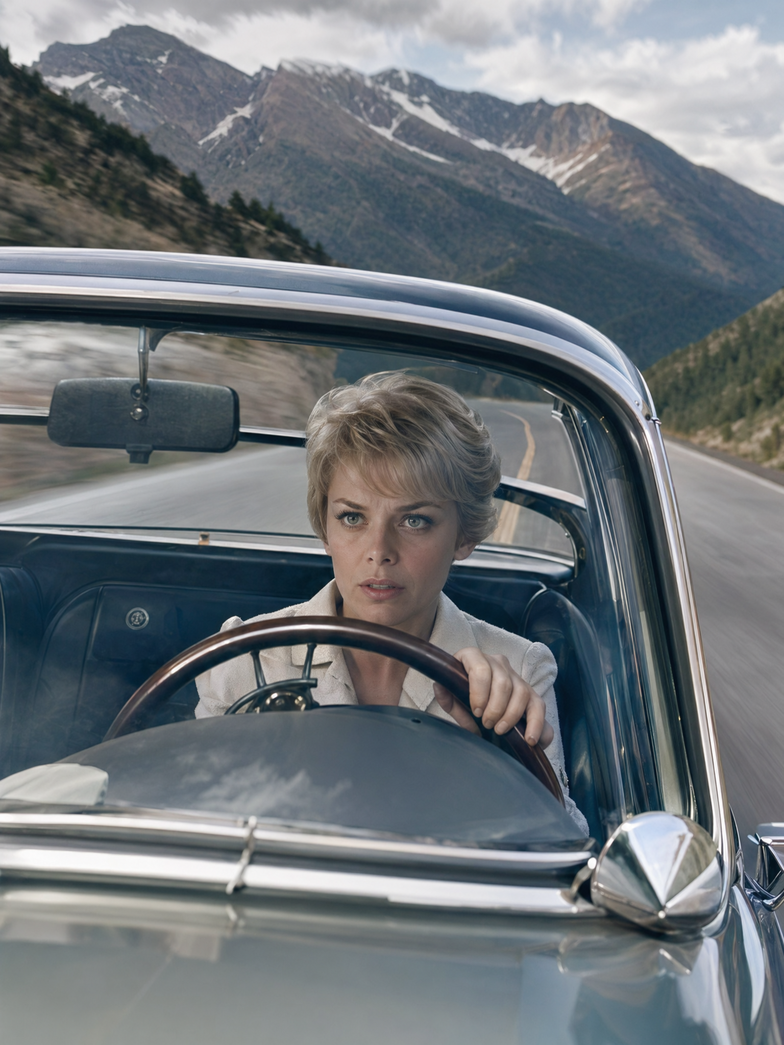 Mia Farrow Racing through the Rocky Mountains