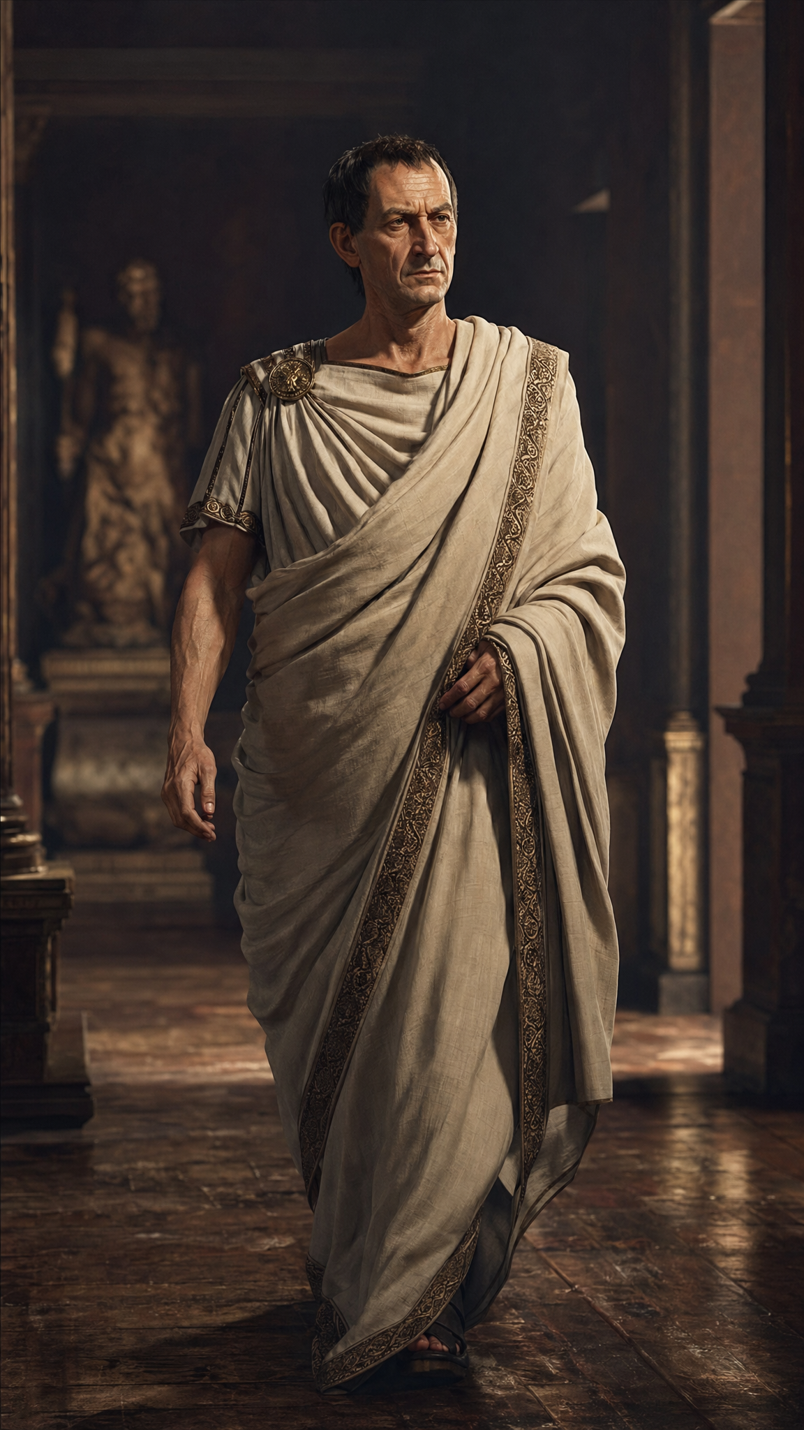 Julius Caesar in a Shadowed Roman Hall