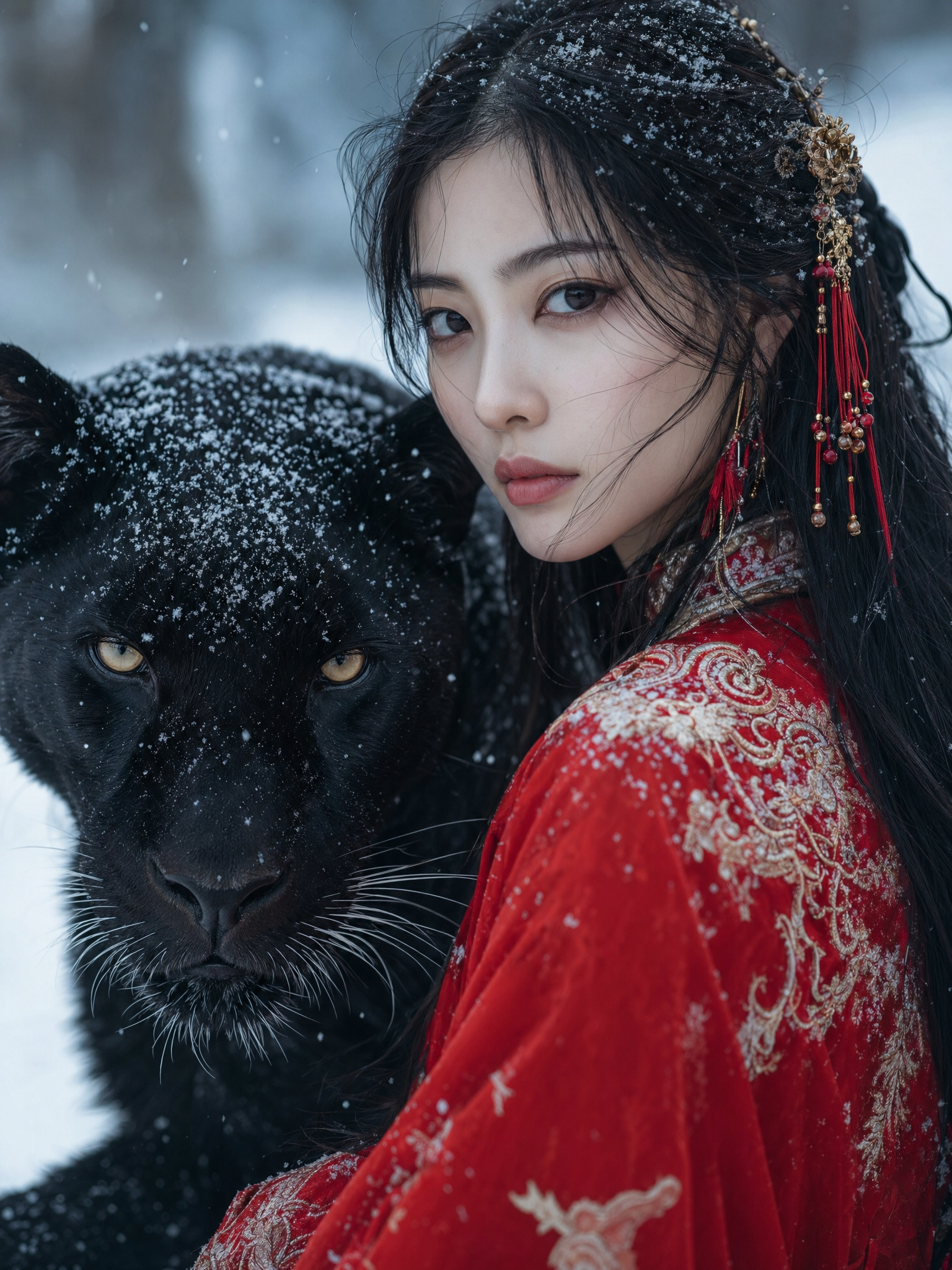 Woman and Black Panther in the Snow