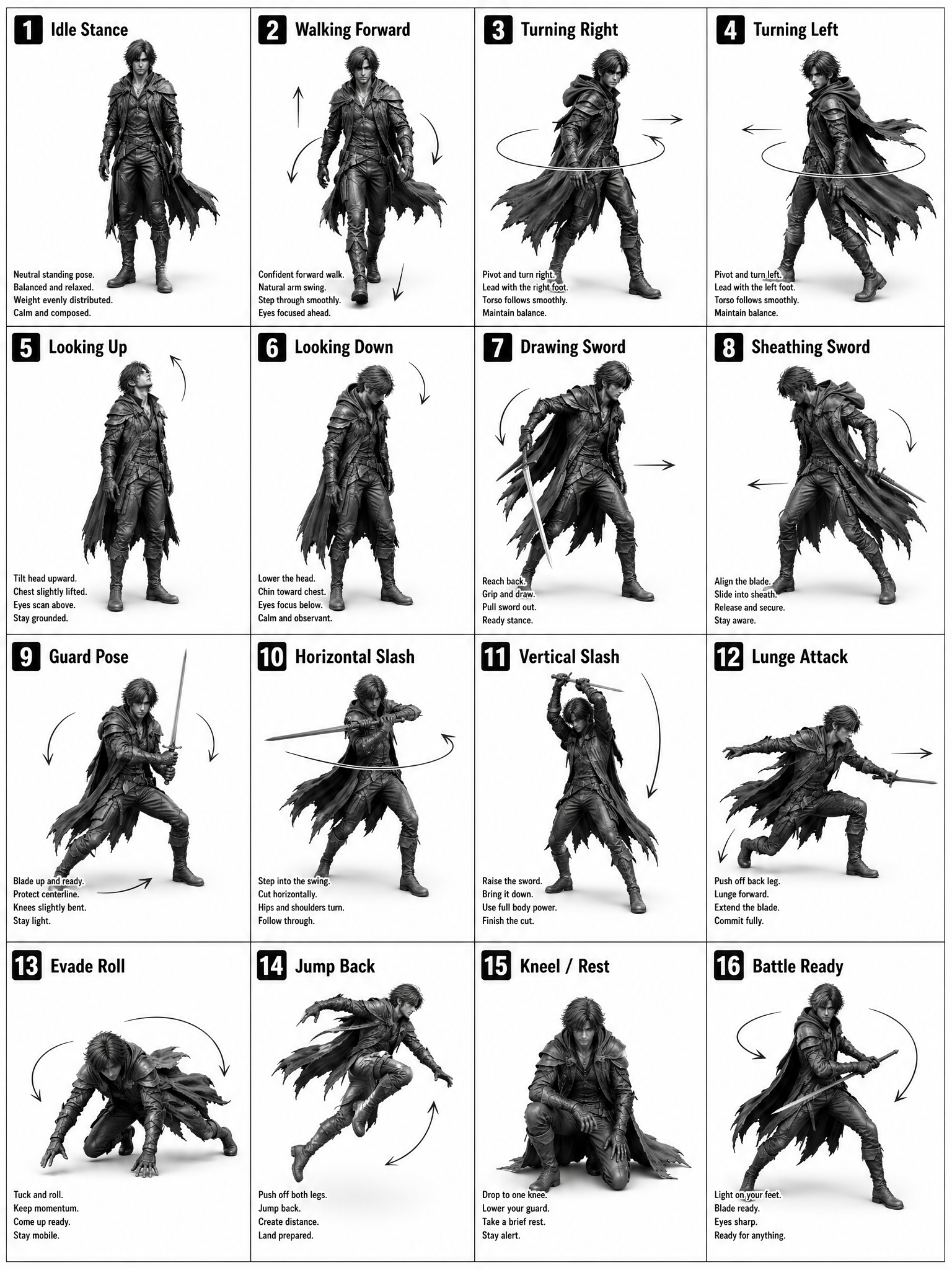 Grayscale 16-Panel Character Motion Reference