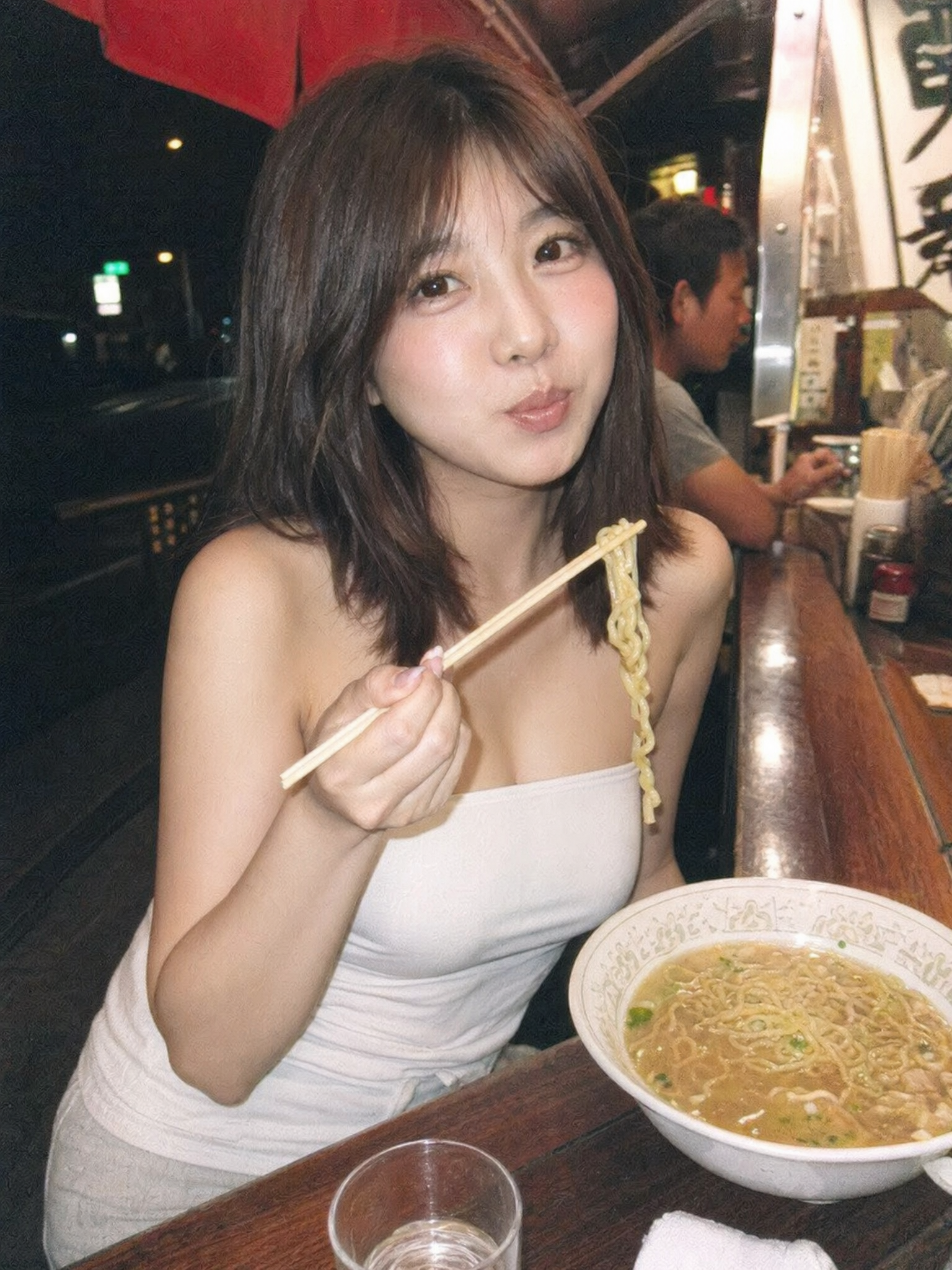 Outdoor Ramen Selfie in Y2K CCD Flash