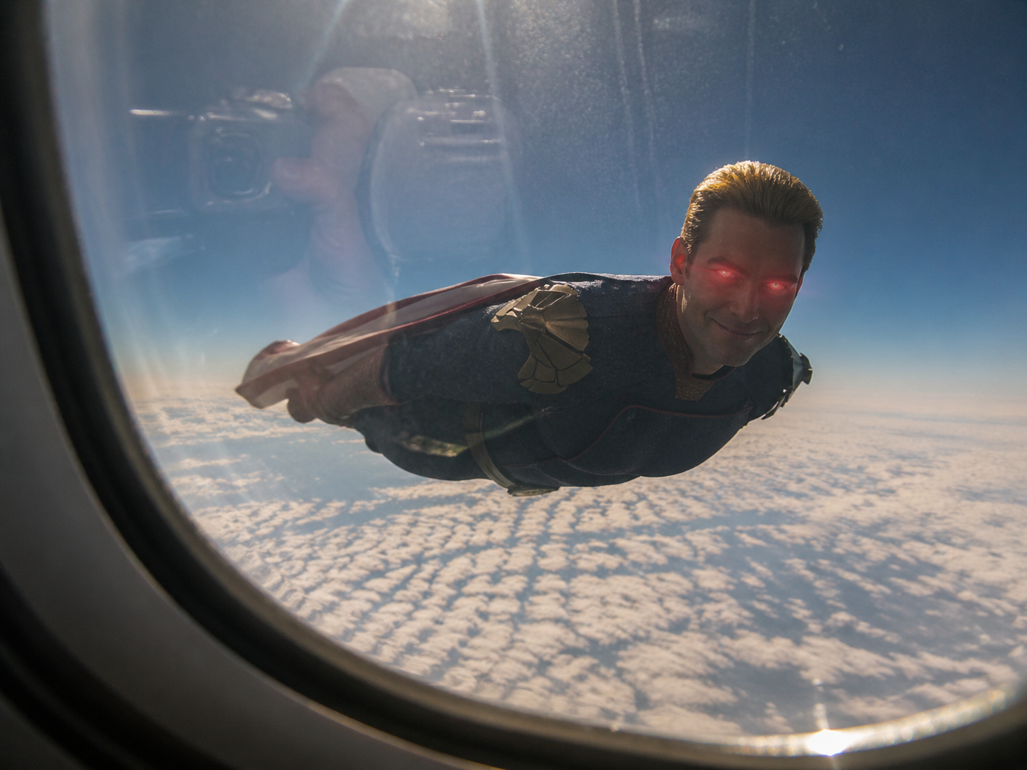 Red-Eyed Homelander outside the Plane Window
