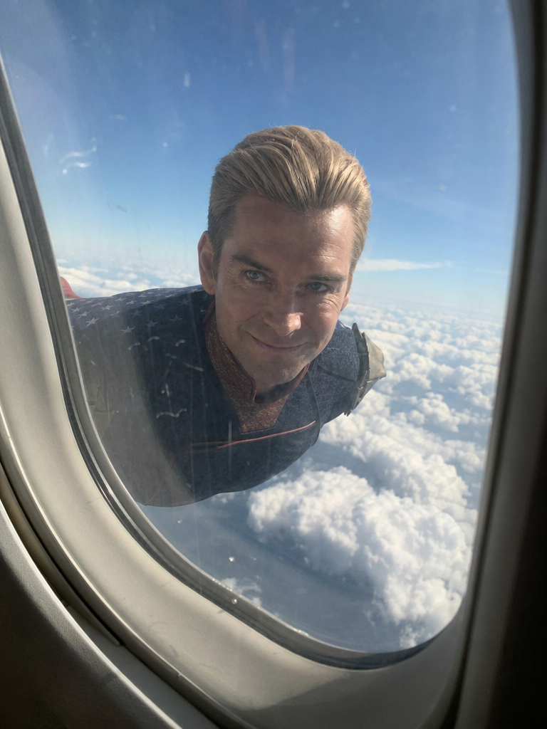 Homelander fliegt neben dem Passagierflugzeug