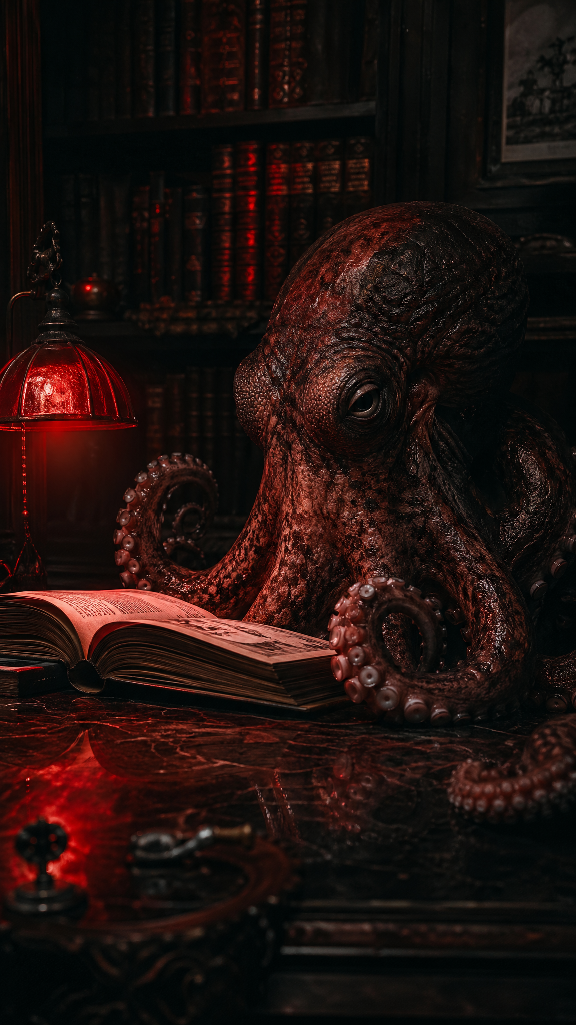 Octopus Reading in a Crimson Library