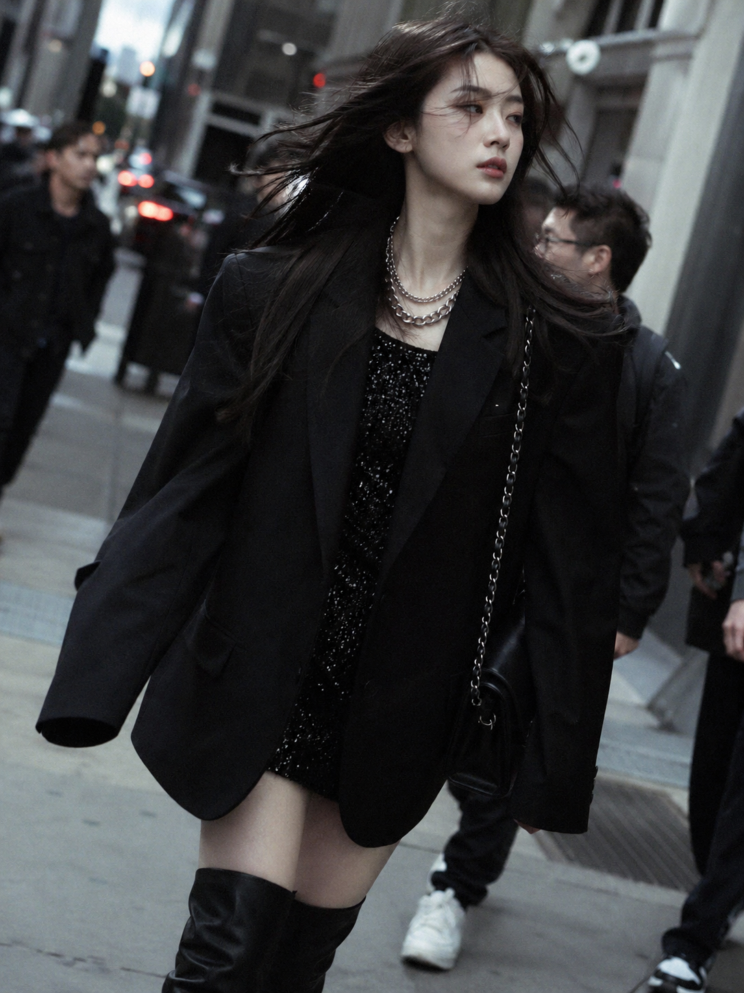 Windblown Paparazzi Street Portrait in Black