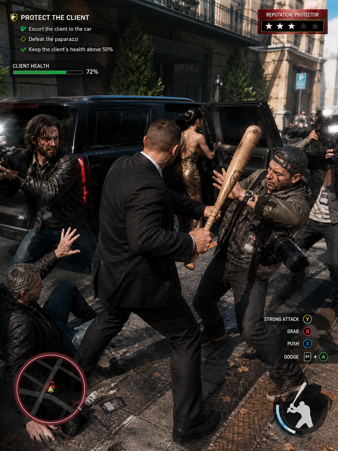 Bodyguard gegen Paparazzi in einer 3D-Spielszene