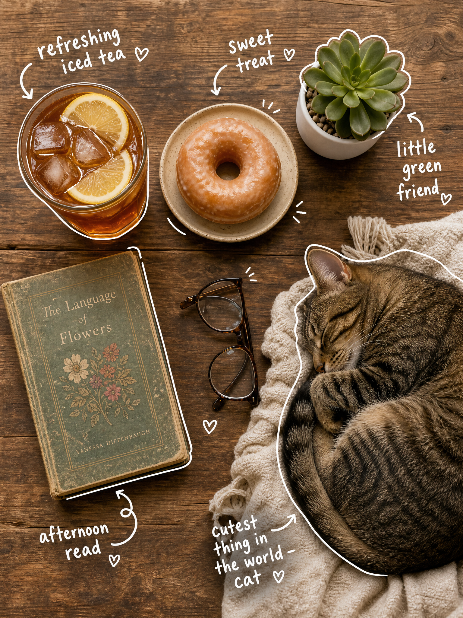 Gemütliches Tee-Flatlay mit schlafender Tigerkatze