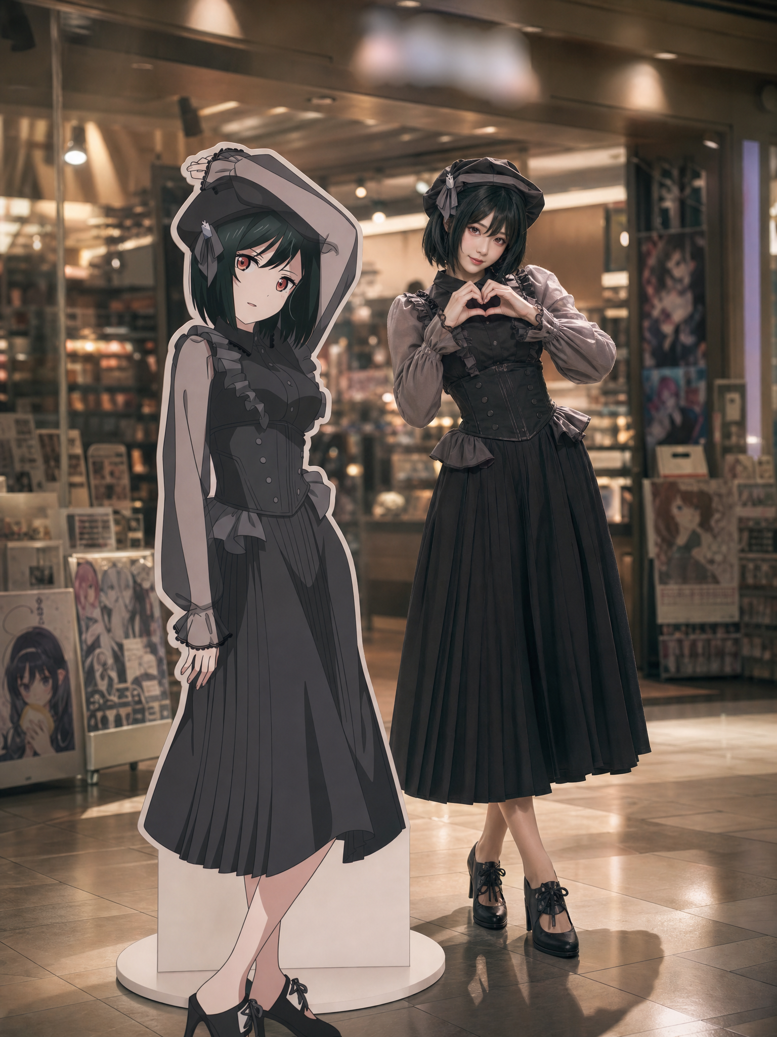 Cosplayer beside a Character Standee at a Game Shop