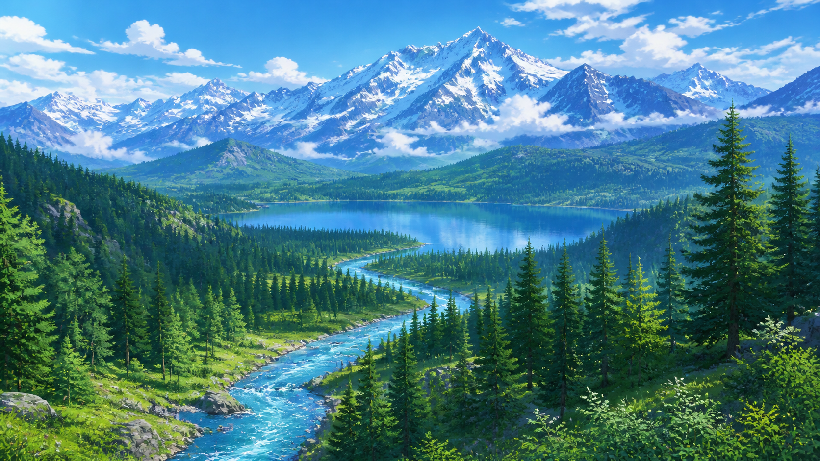 Alpine Lake and Winding River Anime Landscape